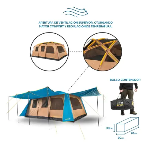 Carpa Camping Dolomites 12, 12 Personas Techo Largo 3000 Mm Color Azul petróleo